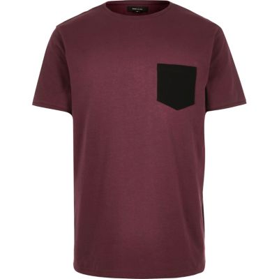 Dark red textured chest pocket t-shirt
